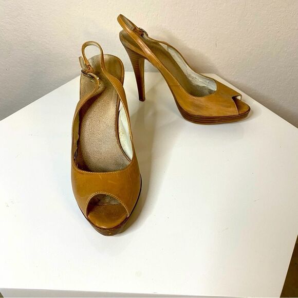Steven Tan Leather Peep-Toe Slingback Heels Sz 7 - Picture 1 of 6